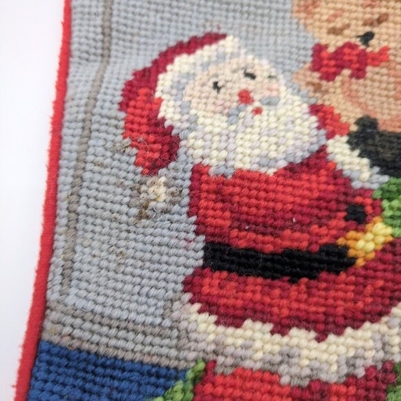 Vintage Needlepoint Christmas Stocking Santa Tree Cat Gifts 21" Holiday Decor - Picture 4 of 12